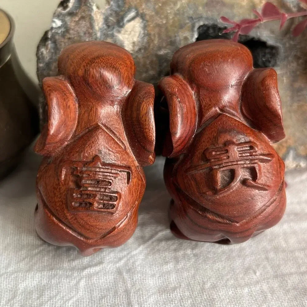Set of 2 Small Protective Carved Wooden Elephants Long Life and Abundance